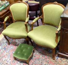 PAIR OF FRENCH ARMCHAIRS & FOOTSTOOL