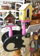 TWO PAINTED BIRDHOUSE STANDS