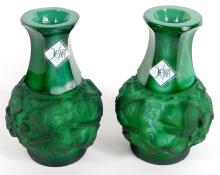 2 CZECH MALACHITE BUD VASES