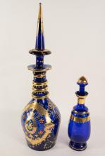 TWO COBALT GLASS DECANTERS