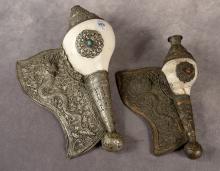 TWO TIBETAN CONCH SHELL TRUMPETS