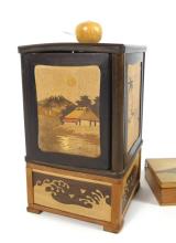 JAPANESE WOOD INLAY CIGARETTE DISPENSER & GAME BOX