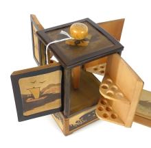 JAPANESE WOOD INLAY CIGARETTE DISPENSER & GAME BOX