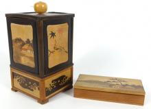 JAPANESE WOOD INLAY CIGARETTE DISPENSER & GAME BOX