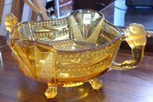 FOOTED AMBER GLASS CENTREPIECE BOWL