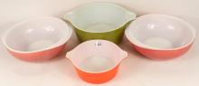 FOUR PYREX HANDLED BOWLS