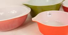 FOUR PYREX HANDLED BOWLS