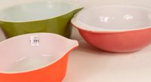 FOUR PYREX HANDLED BOWLS