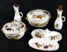 3 ENGLISH EVESHAM SERVING DISHES & OIL/VINEGAR