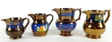 4 ANTIQUE COPPER LUSTRE PITCHERS