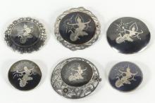 6 STERLING BROOCHES