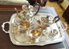 SILVER PLATE TEA AND COFFEE SET, ETC.