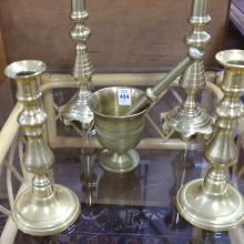 BRASS CANDLESTICKS, MORTAR AND PESTLE