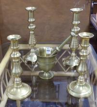 BRASS CANDLESTICKS, MORTAR AND PESTLE