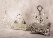 TWO CRUET SETS AND DECANTER