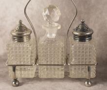 TWO CRUET SETS AND DECANTER