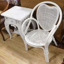 WICKER SIDE TABLE AND RATTAN CHAIR