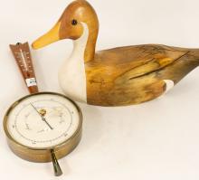 WOODEN DUCK DECOY AND BAROMETER