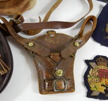 WWII LEATHER HOLSTER, SPORRAN, BADGES, ETC.