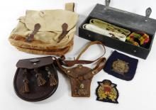 WWII LEATHER HOLSTER, SPORRAN, BADGES, ETC.
