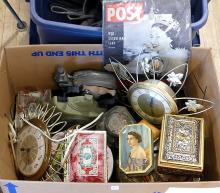 BOX LOT OF CLOCKS AND TINS