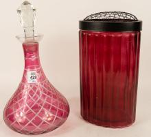 CRANBERRY GLASS VASE AND DECANTER