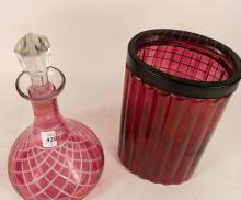 CRANBERRY GLASS VASE AND DECANTER