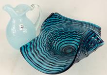 LARGE ART GLASS BOWL AND PITCHER