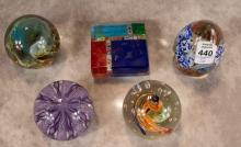 FIVE ART GLASS PAPERWEIGHTS