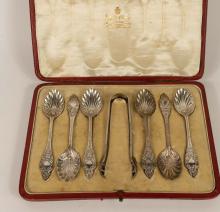 CASED STERLING TEASPOON AND SUGAR TONG SET