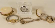 DESK CLOCK, CHANGE PURSES AND WRISTWATCHES