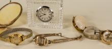 DESK CLOCK, CHANGE PURSES AND WRISTWATCHES