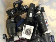 BIN LOT OF CAMERAS AND ACCESSORIES