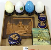 ALABASTER EGGS, RUSSIAN LACQUER BOX, ETC.