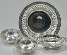 STERLING PEDESTAL DISH AND THREE SMALL DISHES