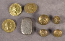 ANTIQUE BRASS BUTTONS AND STERLING MATCH VESTA
