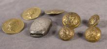 ANTIQUE BRASS BUTTONS AND STERLING MATCH VESTA