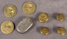 ANTIQUE BRASS BUTTONS AND STERLING MATCH VESTA