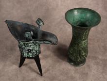 TWO CHINESE BRONZE WINE VESSELS