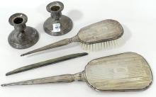 STERLING TOILETTE SET AND CANDLEHOLDERS