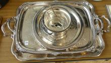 SILVER PLATE PLATTERS, TRAYS AND ICE BUCKET