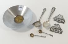 STERLING SPOONS, "COIN" DISH AND BUCKLES