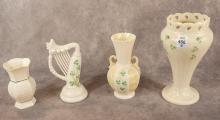 THREE BELLEEK VASES AND FIGURINE