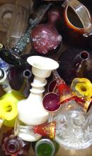 BOX LOT OF COLOURED GLASSWARE, ETC.