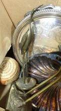 BOX LOT OF BRASS, SILVER PLATE, ETC.