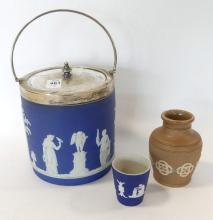 BISCUIT BARREL, VASE AND TOOTHPICK HOLDER