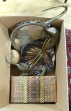 BOX LOT OF BRASS, SILVER PLATE, ETC.