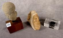 STONE CARVING, POTTERY FIGURE AND PAPERWEIGHT