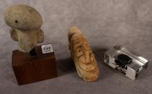 STONE CARVING, POTTERY FIGURE AND PAPERWEIGHT