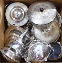 BOX LOT OF ASSORTED SILVER PLATE